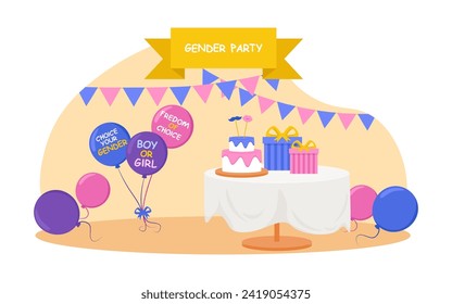 Gender party concept. Interior design with pink and blue balloons, cake and gift boxes vector illustration
