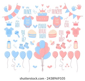 Gender Party Cute Baby Design Elements Set. Pink and Blue Kids Cake, Balloons, Crown, Bunting Flags, Beanbag Toy, Pacifier, Bodysuit. Cute Hand Lettering of Handwritten Quotes for Gender Reveal.