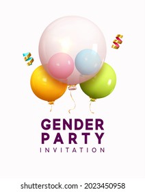 Gender party. Realistic helium balloons, large transparent inside, two small pink and blue colors. 3d gold confetti. Banner and poster, background with ballons on the ribbon. Vector illustration