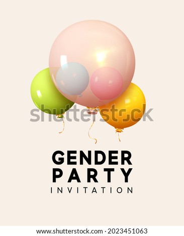 Gender party. Realistic helium balloons, large transparent inside, two small pink and blue colors. Banner and poster, background with ballons on the ribbon. Vector illustration