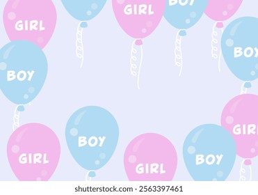 Gender party. Gender reveal or birthday party background with pink and blue balloons. Background for a children's gender party. Pink and blue balloons with text boy, girl