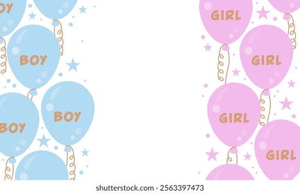 Gender party. Gender reveal or birthday party background with pink and blue balloons. Background for a children's gender party. Pink and blue balloons and confetti background with copy space