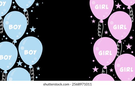 Gender party. Gender reveal or birthday party background with pink and blue balloons. Background for a children's gender party. Pink and blue balloons and confetti background with copy space