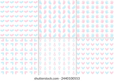 Gender Party Seamless Pattern Collection. Boy or Girl Reveal, Pink and Blue Endless Repeating Background Set. Baby Cute Backdrop with Footprint, Hand Palm, Heart, Male and Female Symbols.