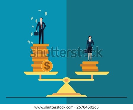 Gender Pay Gap concept. Unequal Salary Between Man and Woman in job. This concept highlights salary disparity, economic inequality and gender-based wage differences. vector Illustration 