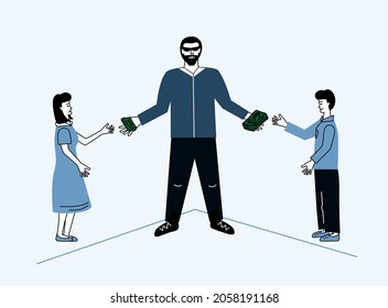La diferencia salarial entre los géneros, la desigualdad entre el salario, el salario o el ingreso del hombre y la mujer, se refieren al concepto de diversificación de género. El Jefe Permanente le da más dinero al hombre que a la mujer disgustada. Ilustración plana vectorial
