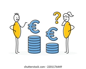 Gender pay gap, inequality between man and woman about wage, salary or income in euro. Vector illustration.