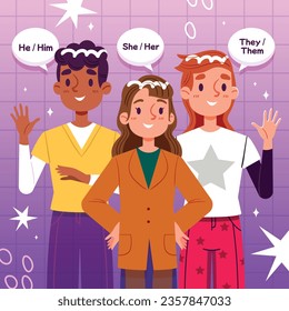 gender pronouns background. Text with gender pronouns. gender pronouns illustration. young people with their gender pronouns - she, he, they, Him, Her, Them. Vector illustration.