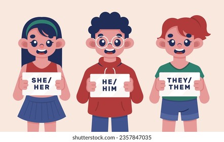 gender pronouns background. Text with gender pronouns. gender pronouns illustration. young people with their gender pronouns - she, he, they, Him, Her, Them. Vector illustration.