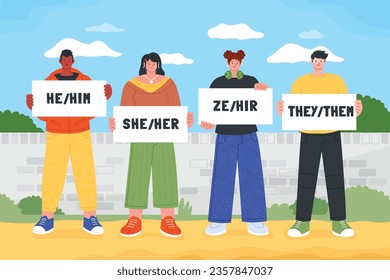 gender pronouns background. Text with gender pronouns. gender pronouns illustration. young people with their gender pronouns - she, he, they, Him, Her, Them. Vector illustration.