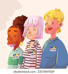 gender pronouns background. Text with gender pronouns. gender pronouns illustration. young people with their gender pronouns - she, he, they, Him, Her, Them. Vector illustration.