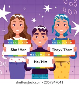 gender pronouns background. Text with gender pronouns. gender pronouns illustration. young people with their gender pronouns - she, he, they, Him, Her, Them. Vector illustration.