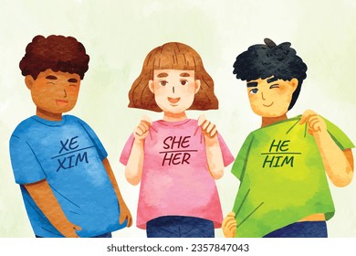 gender pronouns background. Text with gender pronouns. gender pronouns illustration. young people with their gender pronouns - she, he, they, Him, Her, Them. Vector illustration.