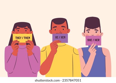 gender pronouns background. Text with gender pronouns. gender pronouns illustration. young people with their gender pronouns - she, he, they, Him, Her, Them. Vector illustration.