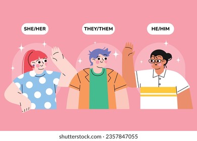 gender pronouns background. Text with gender pronouns. gender pronouns illustration. young people with their gender pronouns - she, he, they, Him, Her, Them. Vector illustration.