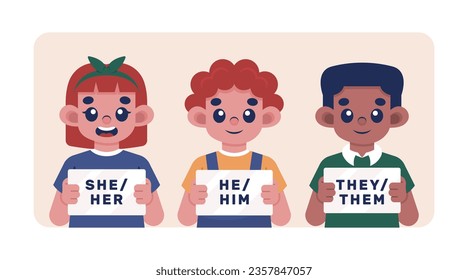 gender pronouns background. Text with gender pronouns. gender pronouns illustration. young people with their gender pronouns - she, he, they, Him, Her, Them. Vector illustration.