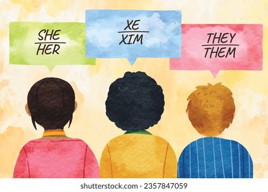 gender pronouns background. Text with gender pronouns. gender pronouns illustration. young people with their gender pronouns - she, he, they, Him, Her, Them. Vector illustration.