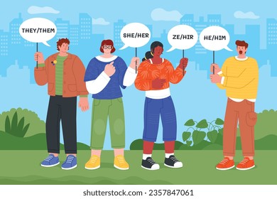 gender pronouns background. Text with gender pronouns. gender pronouns illustration. young people with their gender pronouns - she, he, they, Him, Her, Them. Vector illustration.