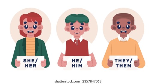 gender pronouns background. Text with gender pronouns. gender pronouns illustration. young people with their gender pronouns - she, he, they, Him, Her, Them. Vector illustration.