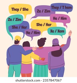 gender pronouns background. Text with gender pronouns. gender pronouns illustration. young people with their gender pronouns - she, he, they, Him, Her, Them. Vector illustration.