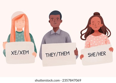 gender pronouns background. Text with gender pronouns. gender pronouns illustration. young people with their gender pronouns - she, he, they, Him, Her, Them. Vector illustration.