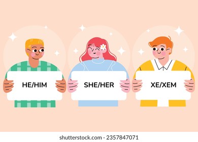 gender pronouns background. Text with gender pronouns. gender pronouns illustration. young people with their gender pronouns - she, he, they, Him, Her, Them. Vector illustration.