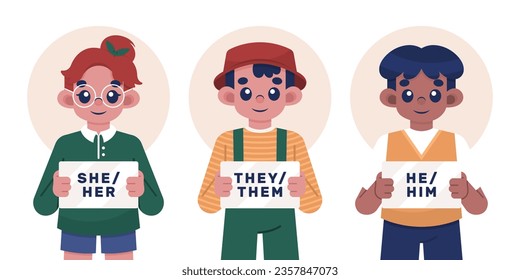 gender pronouns background. Text with gender pronouns. gender pronouns illustration. young people with their gender pronouns - she, he, they, Him, Her, Them. Vector illustration.