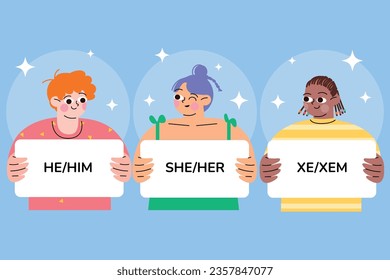 gender pronouns background. Text with gender pronouns. gender pronouns illustration. young people with their gender pronouns - she, he, they, Him, Her, Them. Vector illustration.