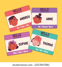 gender pronouns background. Text with gender pronouns. gender pronouns illustration. young people with their gender pronouns - she, he, they, Him, Her, Them. Vector illustration.