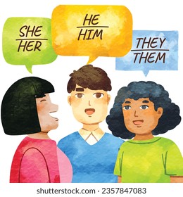 gender pronouns background. Text with gender pronouns. gender pronouns illustration. young people with their gender pronouns - she, he, they, Him, Her, Them. Vector illustration.