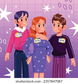 gender pronouns background. Text with gender pronouns. gender pronouns illustration. young people with their gender pronouns - she, he, they, Him, Her, Them. Vector illustration.