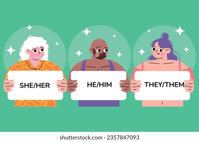 gender pronouns background. Text with gender pronouns. gender pronouns illustration. young people with their gender pronouns - she, he, they, Him, Her, Them. Vector illustration.