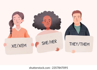 gender pronouns background. Text with gender pronouns. gender pronouns illustration. young people with their gender pronouns - she, he, they, Him, Her, Them. Vector illustration.