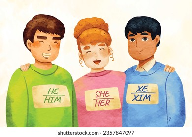 gender pronouns background. Text with gender pronouns. gender pronouns illustration. young people with their gender pronouns - she, he, they, Him, Her, Them. Vector illustration.