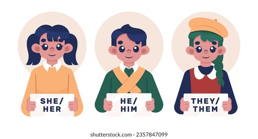 gender pronouns background. Text with gender pronouns. gender pronouns illustration. young people with their gender pronouns - she, he, they, Him, Her, Them. Vector illustration.