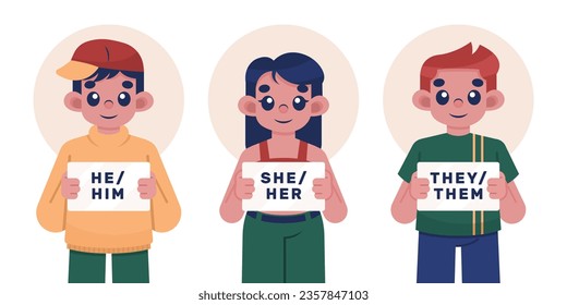 gender pronouns background. Text with gender pronouns. gender pronouns illustration. young people with their gender pronouns - she, he, they, Him, Her, Them. Vector illustration.