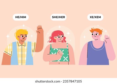 gender pronouns background. Text with gender pronouns. gender pronouns illustration. young people with their gender pronouns - she, he, they, Him, Her, Them. Vector illustration.