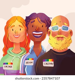 gender pronouns background. Text with gender pronouns. gender pronouns illustration. young people with their gender pronouns - she, he, they, Him, Her, Them. Vector illustration.