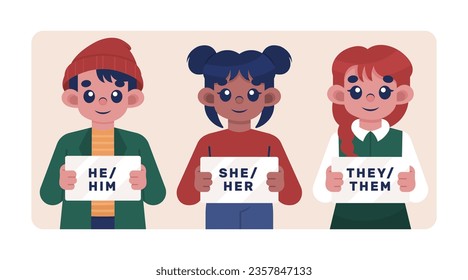 gender pronouns background. Text with gender pronouns. gender pronouns illustration. young people with their gender pronouns - she, he, they, Him, Her, Them. Vector illustration.