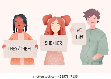 gender pronouns background. Text with gender pronouns. gender pronouns illustration. young people with their gender pronouns - she, he, they, Him, Her, Them. Vector illustration.