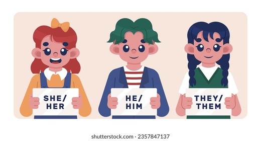 gender pronouns background. Text with gender pronouns. gender pronouns illustration. young people with their gender pronouns - she, he, they, Him, Her, Them. Vector illustration.