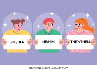 gender pronouns background. Text with gender pronouns. gender pronouns illustration. young people with their gender pronouns - she, he, they, Him, Her, Them. Vector illustration.