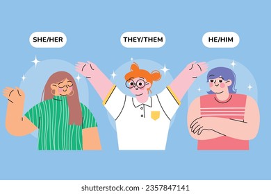 gender pronouns background. Text with gender pronouns. gender pronouns illustration. young people with their gender pronouns - she, he, they, Him, Her, Them. Vector illustration.