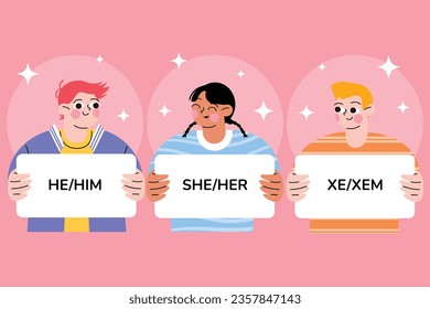 gender pronouns background. Text with gender pronouns. gender pronouns illustration. young people with their gender pronouns - she, he, they, Him, Her, Them. Vector illustration.