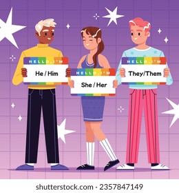 gender pronouns background. Text with gender pronouns. gender pronouns illustration. young people with their gender pronouns - she, he, they, Him, Her, Them. Vector illustration.