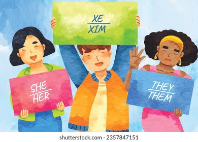 gender pronouns background. Text with gender pronouns. gender pronouns illustration. young people with their gender pronouns - she, he, they, Him, Her, Them. Vector illustration.