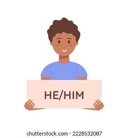 Gender pronouns. Boy holding a sign with gender pronoun he and him