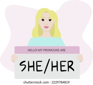 Gender pronouns. Female person holding sign with pronoun. Vector illustration.