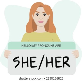 Gender pronouns. Female person holding sign with pronoun. Vector illustration.