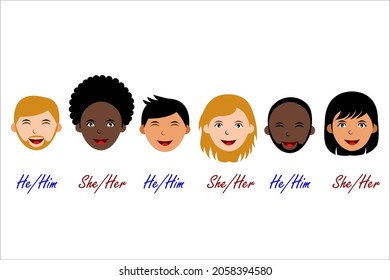 gender pronouns, illustrations of people's faces of various skin tones, races, and ethnicities